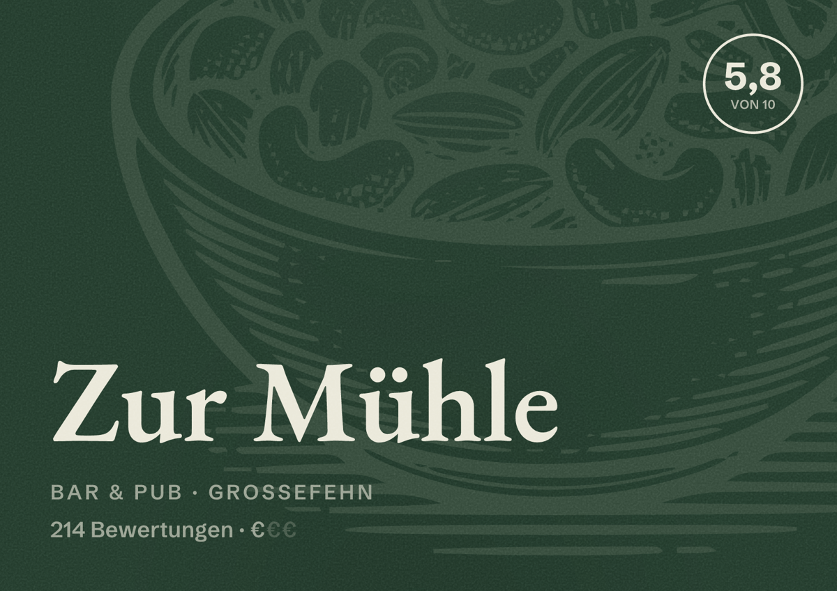 Illustriertes Poster von Zur Mühle, Bar & Pub in Großefehn: Bewertung 5,8 von 10 aus 214 Bewertungen, Preisniveau €