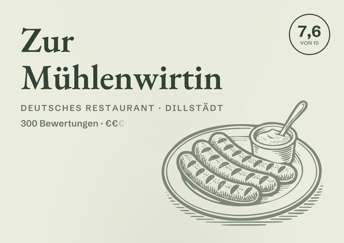 Illustriertes Poster von Zur Mühlenwirtin, Deutsches Restaurant in Dillstädt: Bewertung 7,6 von 10 aus 300 Bewertungen, Preisniveau €€