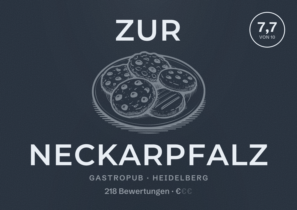Illustriertes Poster von Zur Neckarpfalz, Gastropub in Heidelberg: Bewertung 7,7 von 10 aus 218 Bewertungen, Preisniveau €