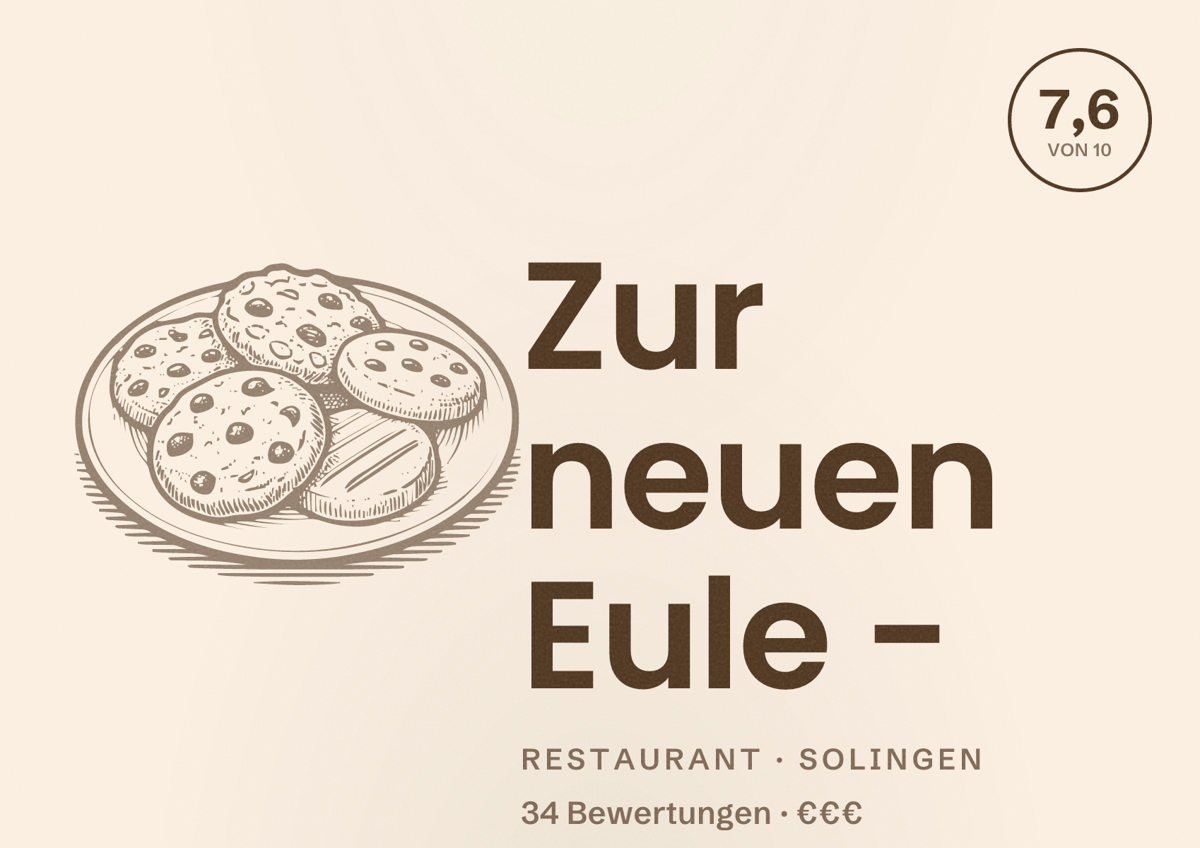 Illustriertes Poster von Zur neuen Eule -, Restaurant in Solingen: Bewertung 7,6 von 10 aus 34 Bewertungen, Preisniveau €€€