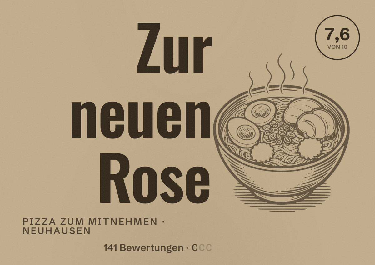 Illustriertes Poster von Zur neuen Rose, Pizza zum Mitnehmen in Neuhausen: Bewertung 7,6 von 10 aus 141 Bewertungen, Preisniveau €