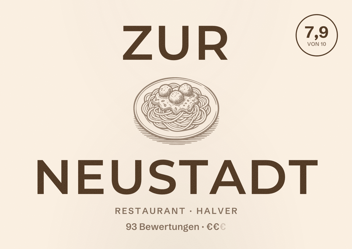 Illustriertes Poster von Zur Neustadt, Restaurant in Halver: Bewertung 7,9 von 10 aus 93 Bewertungen, Preisniveau €€