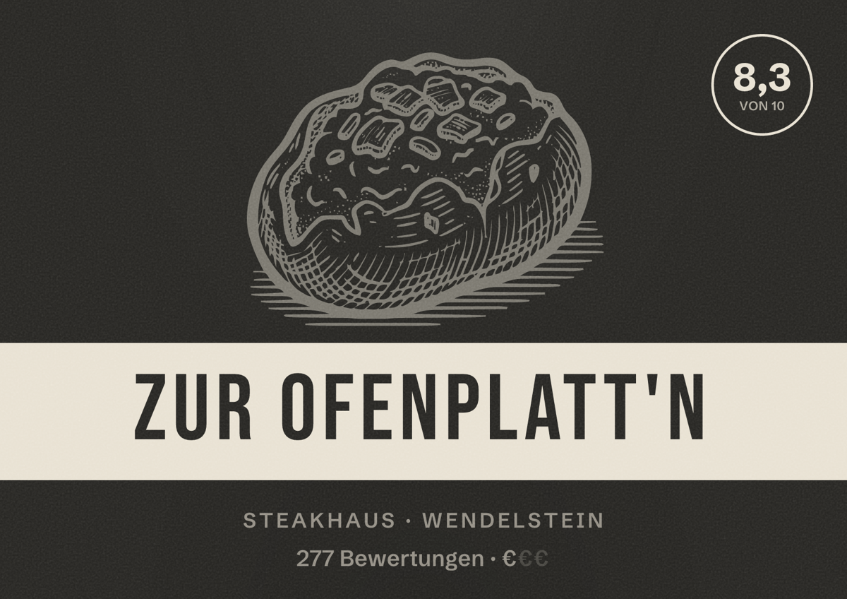 Illustriertes Poster von Zur Ofenplatt'n, Steakhaus in Wendelstein: Bewertung 8,3 von 10 aus 277 Bewertungen, Preisniveau €