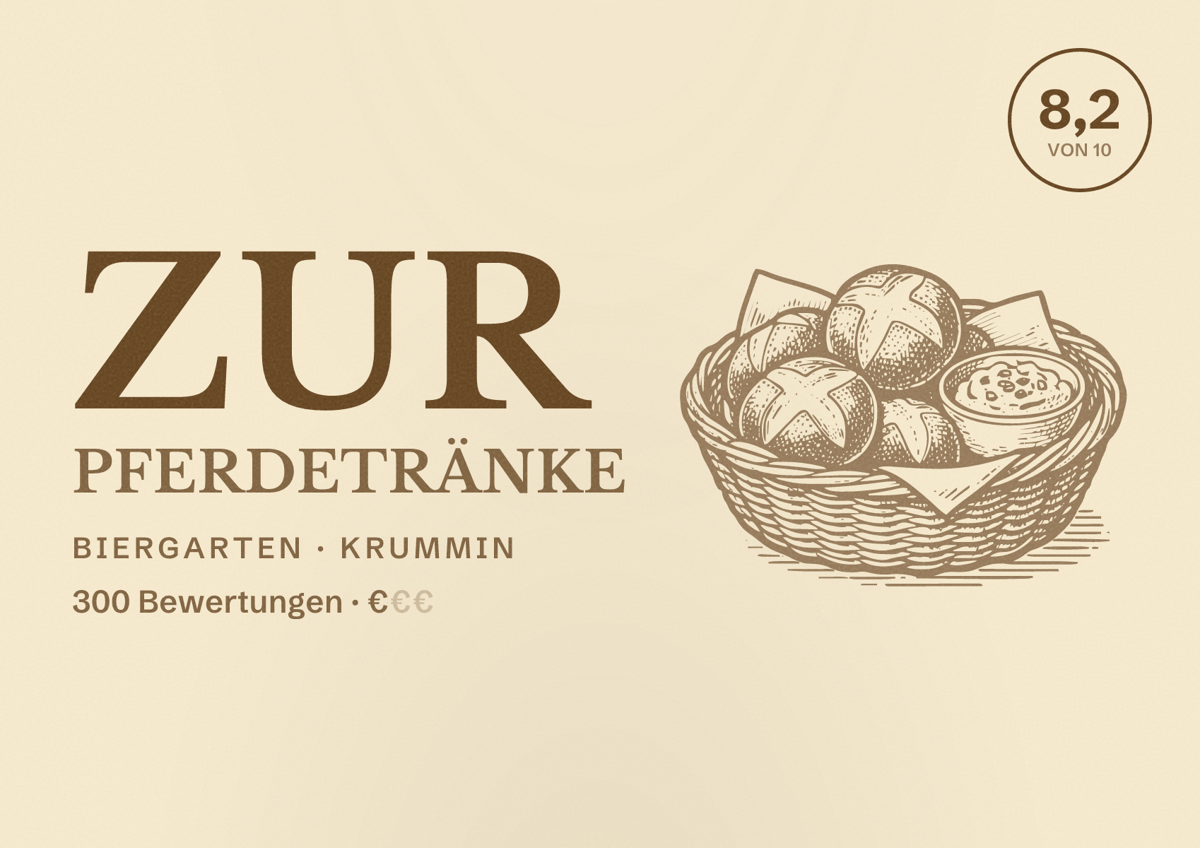 Illustriertes Poster von Zur Pferdetränke, Biergarten in Krummin: Bewertung 8,2 von 10 aus 300 Bewertungen, Preisniveau €