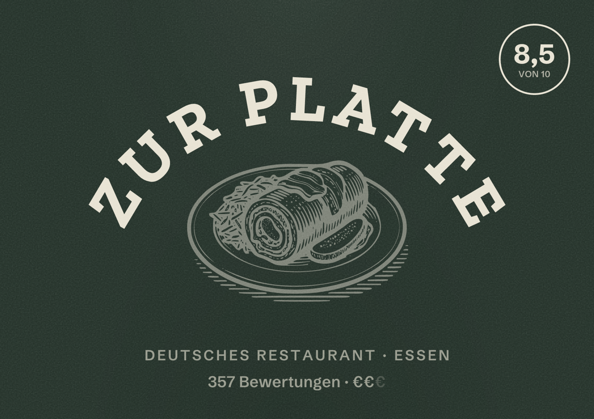Illustriertes Poster von Zur Platte, Deutsches Restaurant in Essen: Bewertung 8,5 von 10 aus 357 Bewertungen, Preisniveau €€