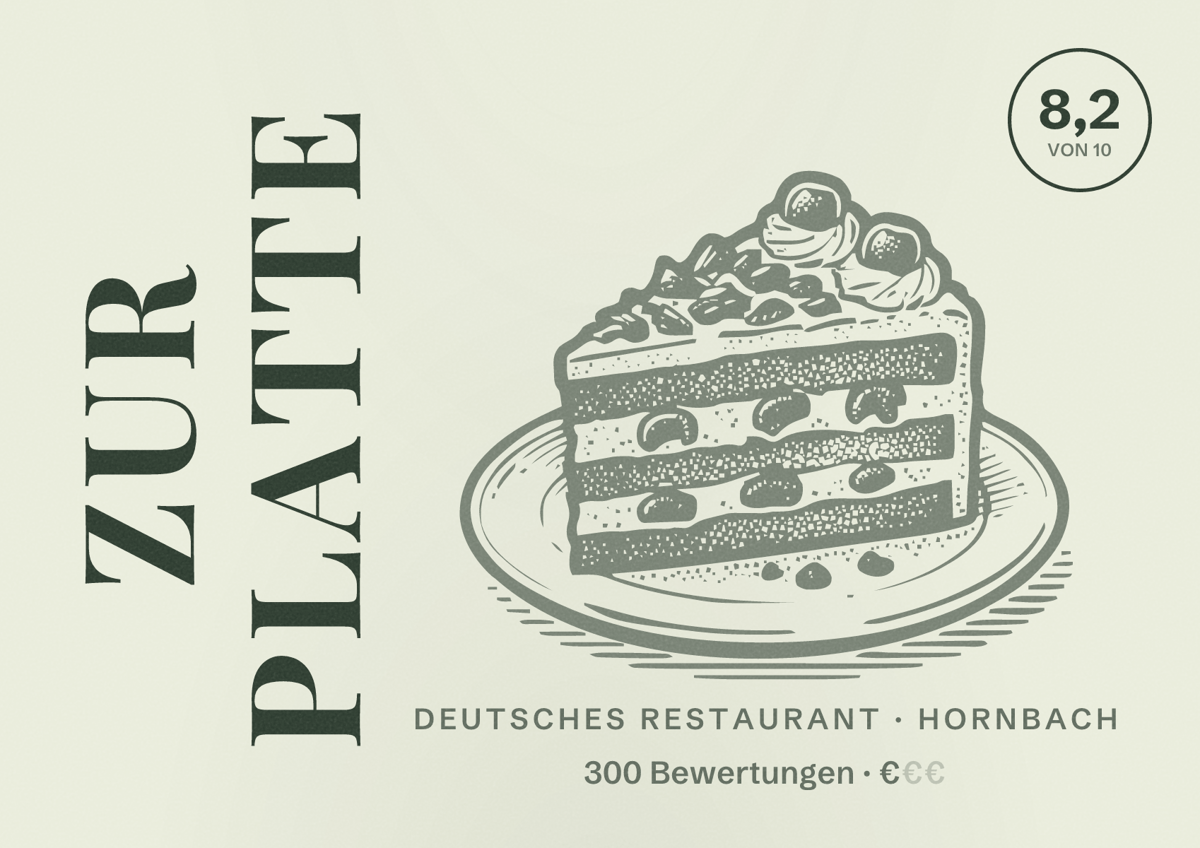 Illustriertes Poster von Zur Platte, Deutsches Restaurant in Hornbach: Bewertung 8,2 von 10 aus 300 Bewertungen, Preisniveau €