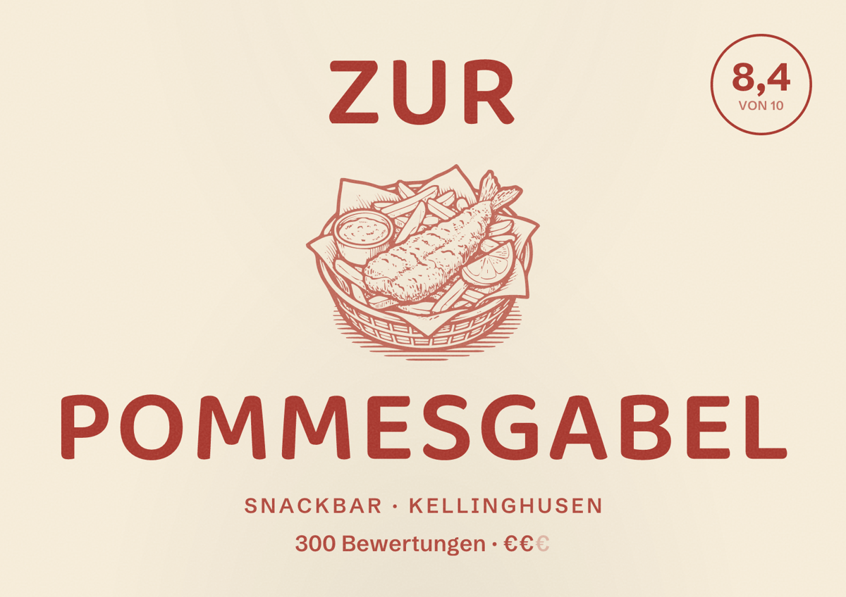 Illustriertes Poster von Zur Pommesgabel, Snackbar in Kellinghusen: Bewertung 8,4 von 10 aus 300 Bewertungen, Preisniveau €€