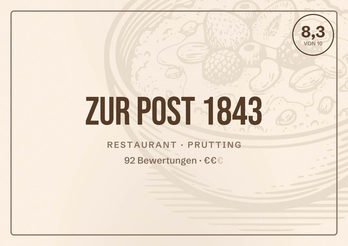 Illustriertes Poster von Zur Post 1843, Restaurant in Prutting: Bewertung 8,3 von 10 aus 92 Bewertungen, Preisniveau €€