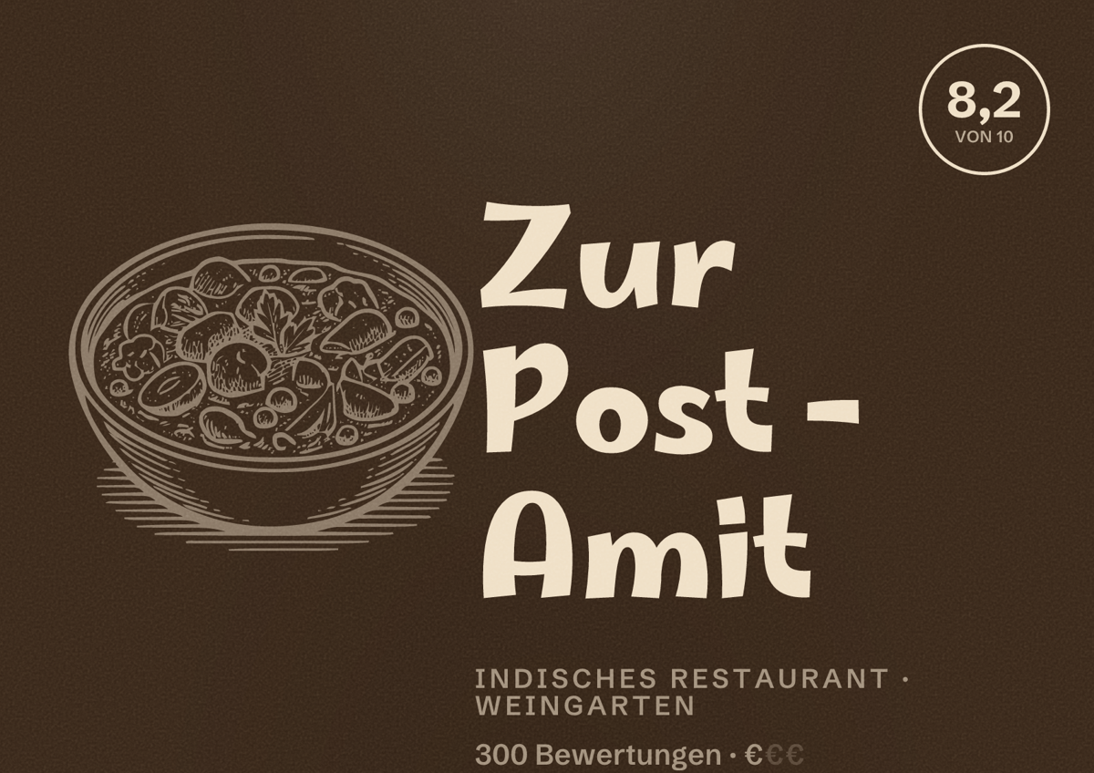 Illustriertes Poster von Zur Post - Amit, Indisches Restaurant in Weingarten: Bewertung 8,2 von 10 aus 300 Bewertungen, Preisniveau €