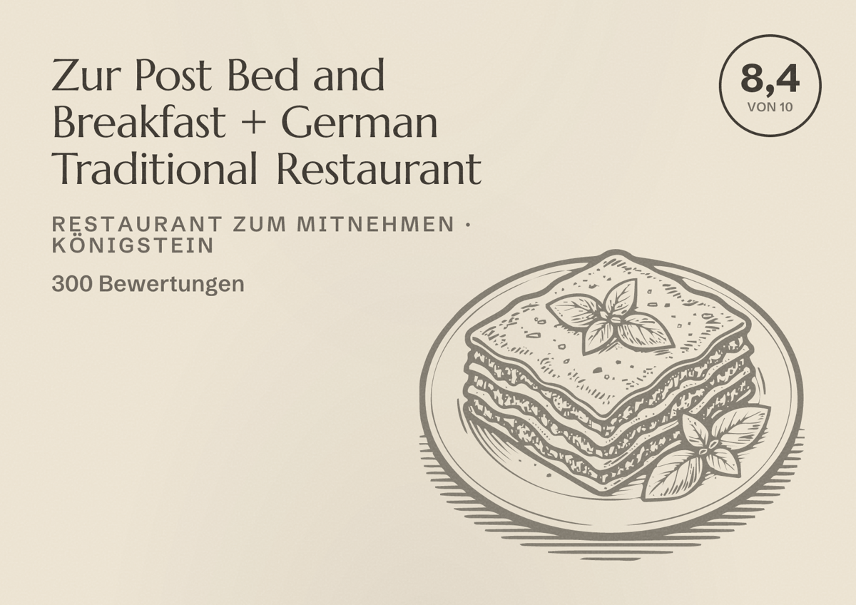 Illustriertes Poster von Zur Post Bed and Breakfast + German Traditional Restaurant, Restaurant zum Mitnehmen in Königstein: Bewertung 8,4 von 10 aus 300 Bewertungen