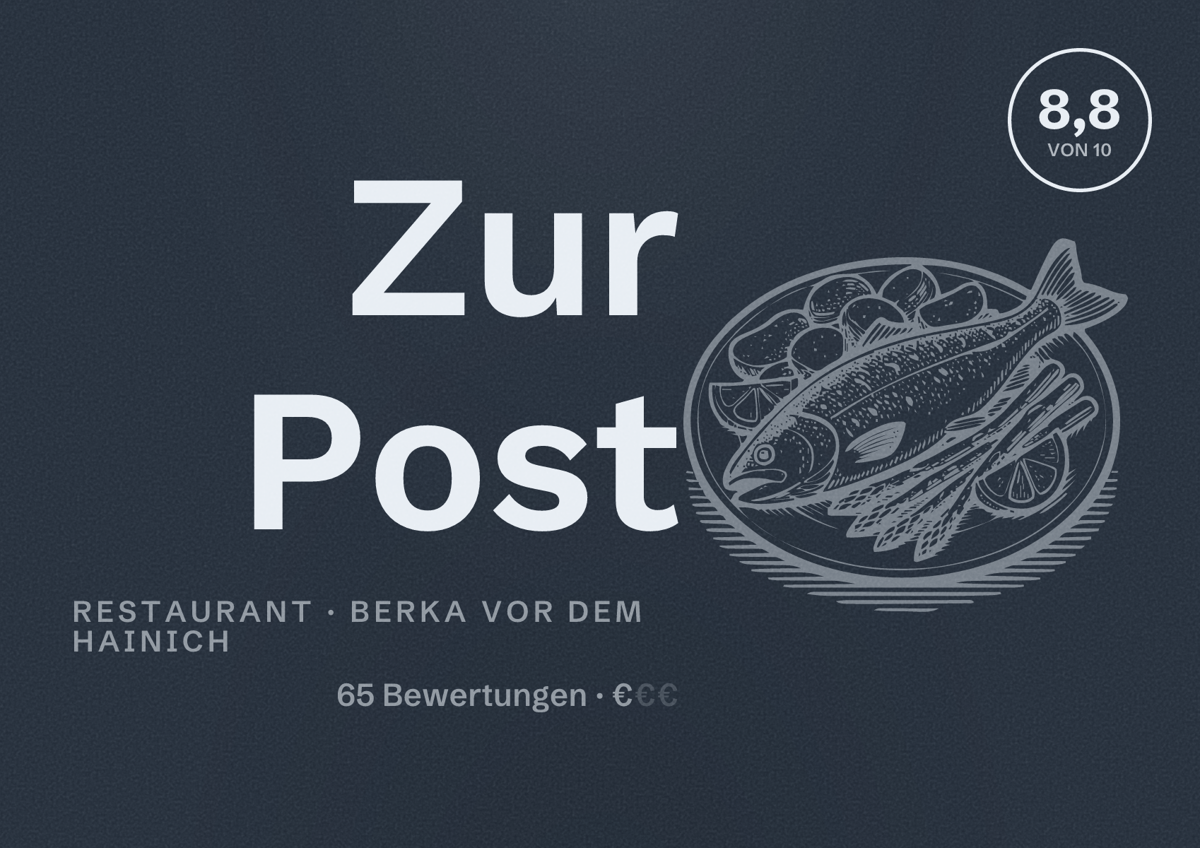 Illustriertes Poster von Zur Post, Restaurant in Berka vor dem Hainich: Bewertung 8,8 von 10 aus 65 Bewertungen, Preisniveau €