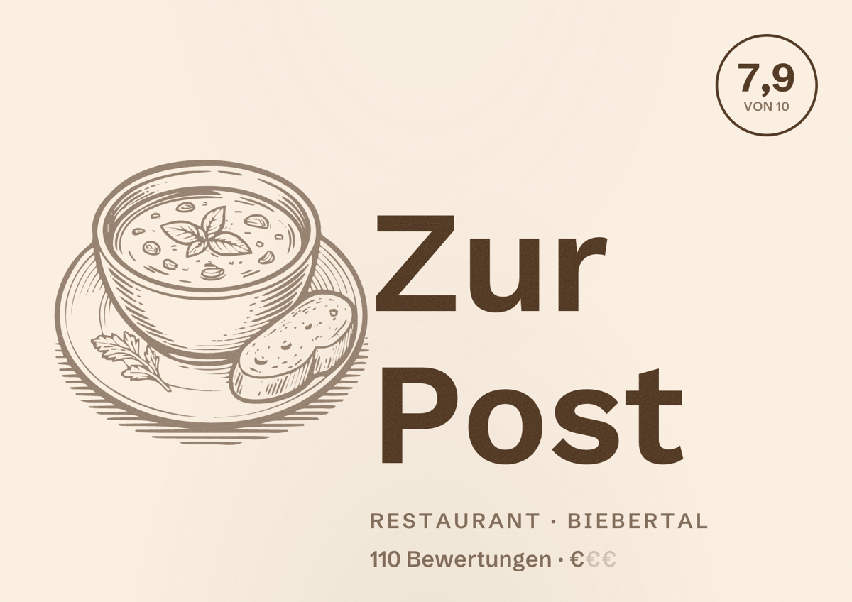 Illustriertes Poster von Zur Post, Restaurant in Biebertal: Bewertung 7,9 von 10 aus 110 Bewertungen, Preisniveau €