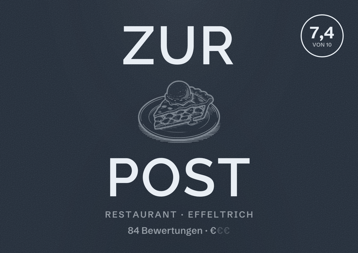 Illustriertes Poster von Zur Post, Restaurant in Effeltrich: Bewertung 7,4 von 10 aus 84 Bewertungen, Preisniveau €