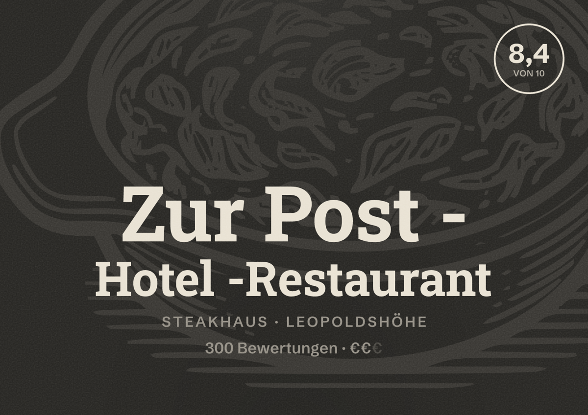 Illustriertes Poster von Zur Post - Hotel -Restaurant, Steakhaus in Leopoldshöhe: Bewertung 8,4 von 10 aus 300 Bewertungen, Preisniveau €€