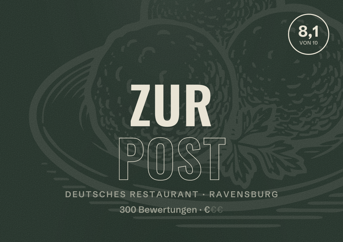 Illustriertes Poster von Zur Post, Deutsches Restaurant in Ravensburg: Bewertung 8,1 von 10 aus 300 Bewertungen, Preisniveau €