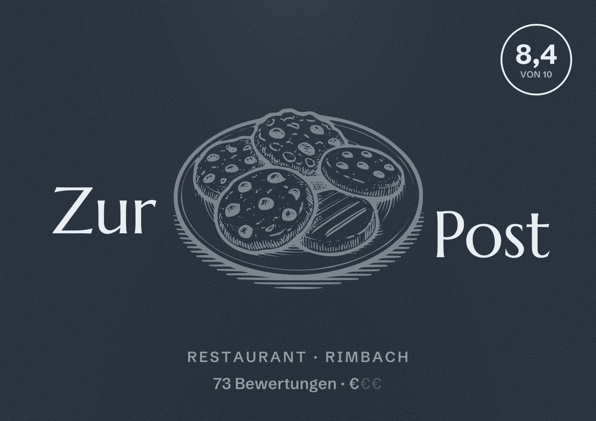 Illustriertes Poster von Zur Post, Restaurant in Rimbach: Bewertung 8,4 von 10 aus 73 Bewertungen, Preisniveau €