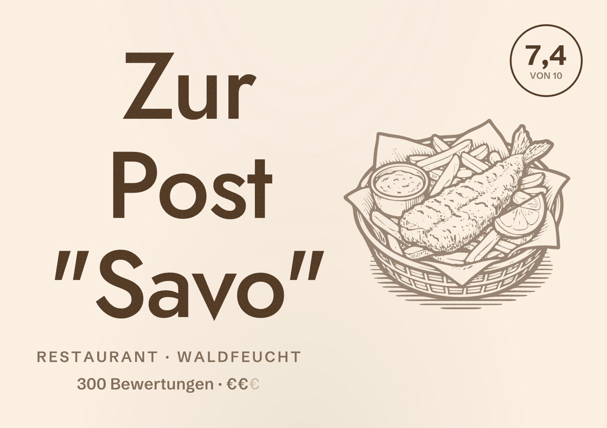 Illustriertes Poster von Zur Post "Savo", Restaurant in Waldfeucht: Bewertung 7,4 von 10 aus 300 Bewertungen, Preisniveau €€