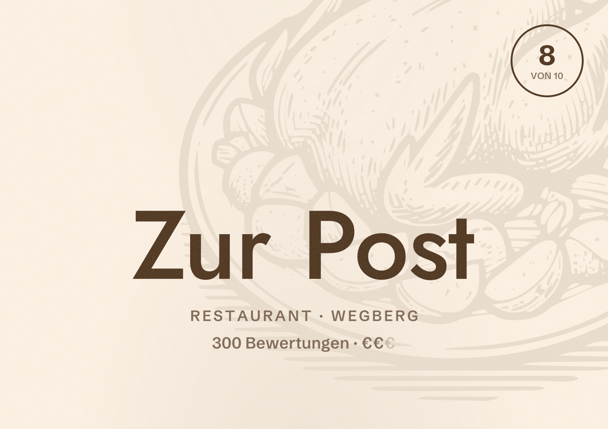 Illustriertes Poster von Zur Post, Restaurant in Wegberg: Bewertung 8 von 10 aus 300 Bewertungen, Preisniveau €€