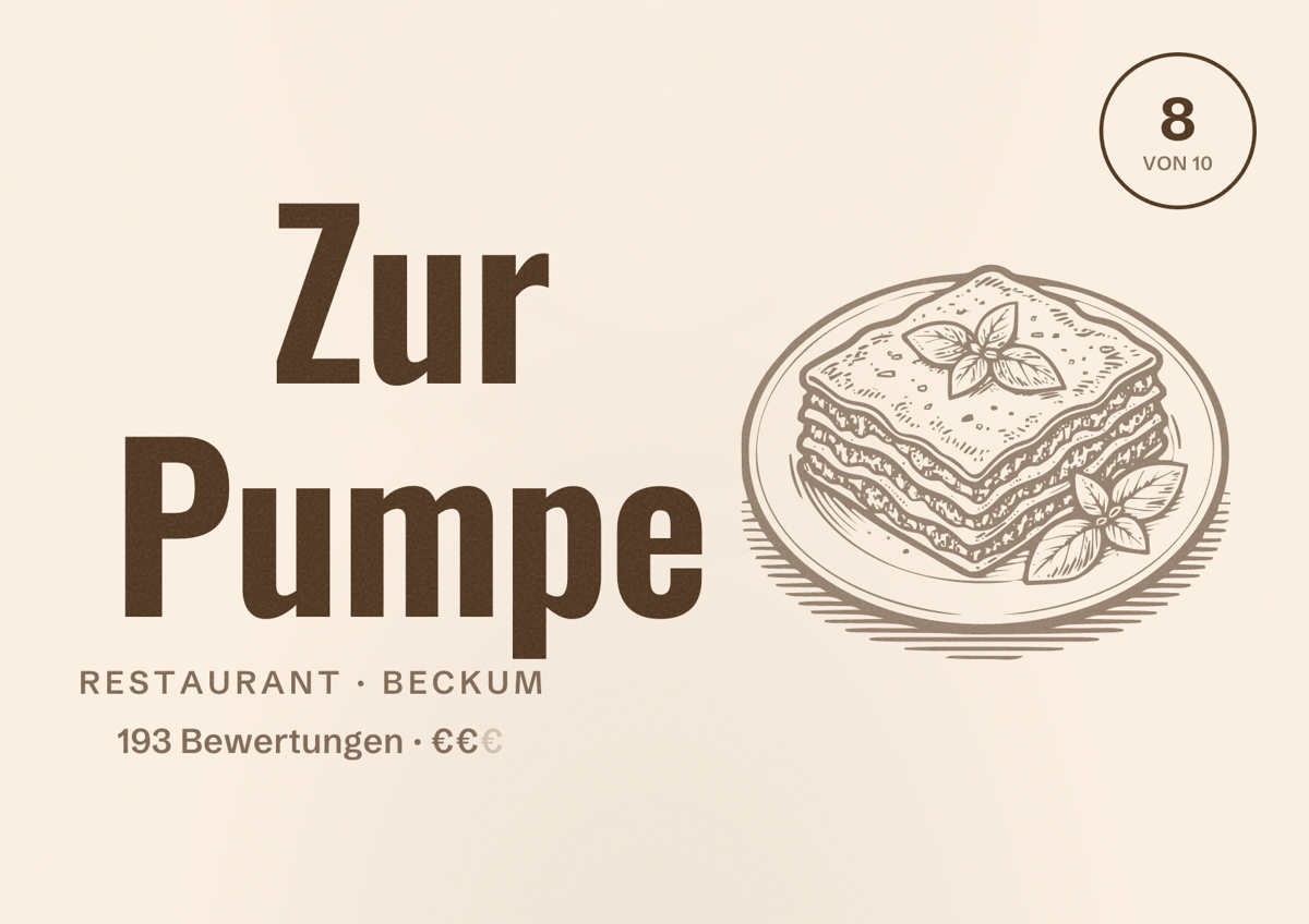 Illustriertes Poster von Zur Pumpe, Restaurant in Beckum: Bewertung 8 von 10 aus 193 Bewertungen, Preisniveau €€