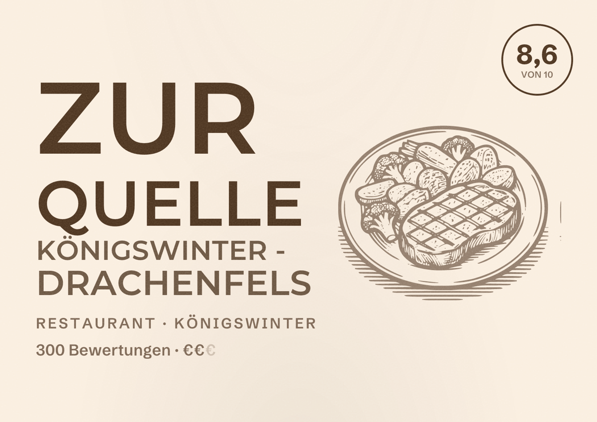 Illustriertes Poster von Zur Quelle Königswinter - Drachenfels, Restaurant in Königswinter: Bewertung 8,6 von 10 aus 300 Bewertungen, Preisniveau €€