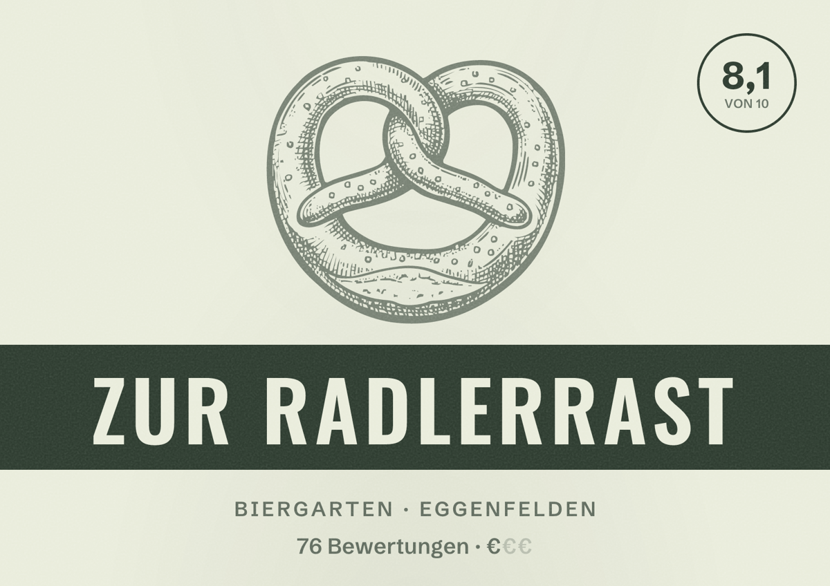 Illustriertes Poster von Zur Radlerrast, Biergarten in Eggenfelden: Bewertung 8,1 von 10 aus 76 Bewertungen, Preisniveau €