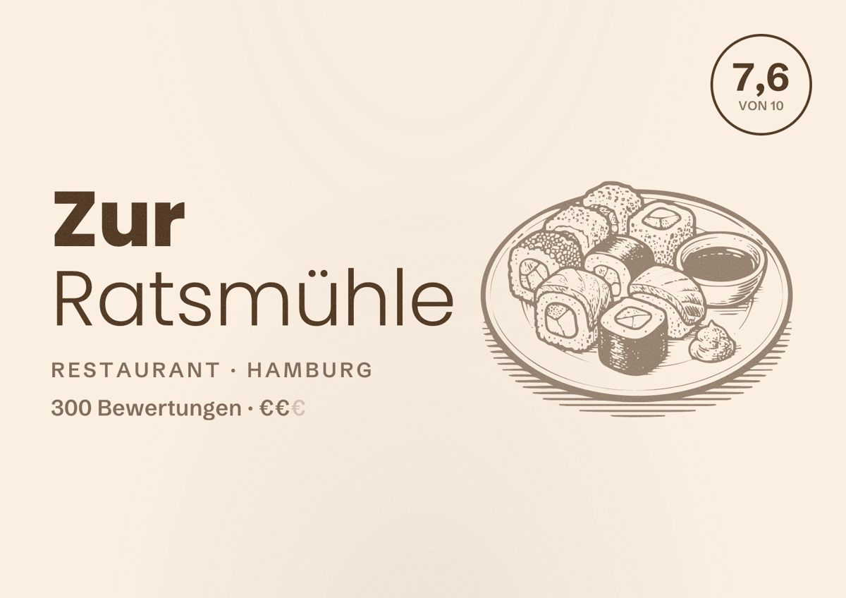 Illustriertes Poster von Zur Ratsmühle, Restaurant in Hamburg: Bewertung 7,6 von 10 aus 300 Bewertungen, Preisniveau €€