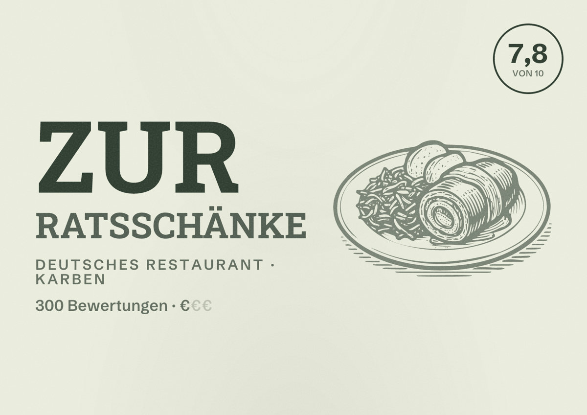 Illustriertes Poster von Zur Ratsschänke, Deutsches Restaurant in Karben: Bewertung 7,8 von 10 aus 300 Bewertungen, Preisniveau €