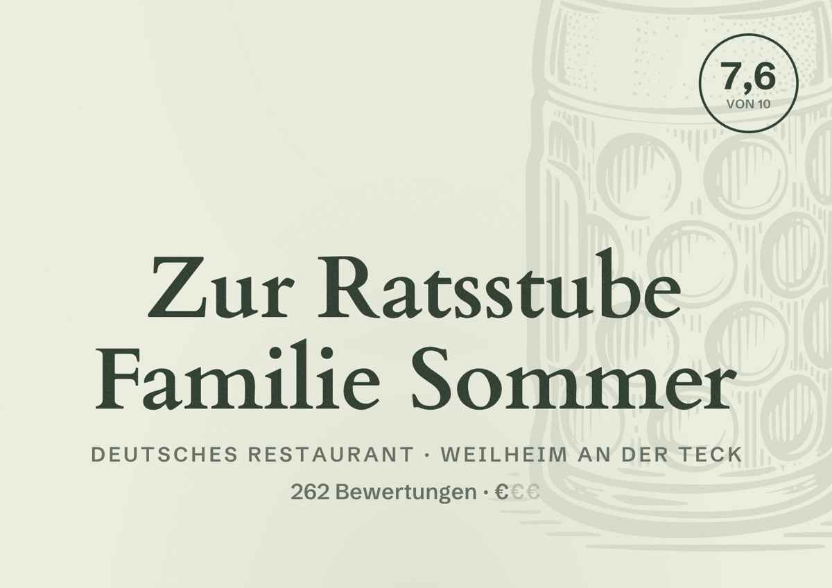 Illustriertes Poster von Zur Ratsstube Familie Sommer, Deutsches Restaurant in Weilheim an der Teck: Bewertung 7,6 von 10 aus 262 Bewertungen, Preisniveau €