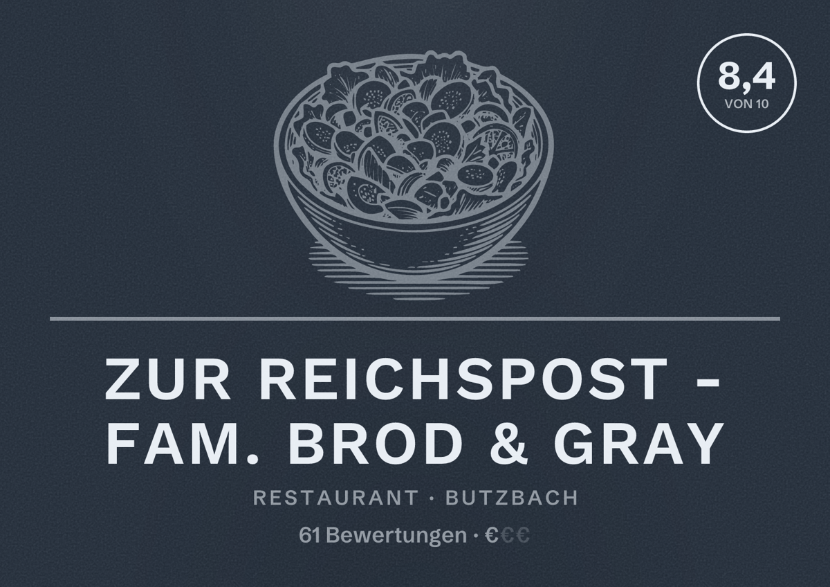 Illustriertes Poster von Zur Reichspost - Fam. Brod & Gray, Restaurant in Butzbach: Bewertung 8,4 von 10 aus 61 Bewertungen, Preisniveau €