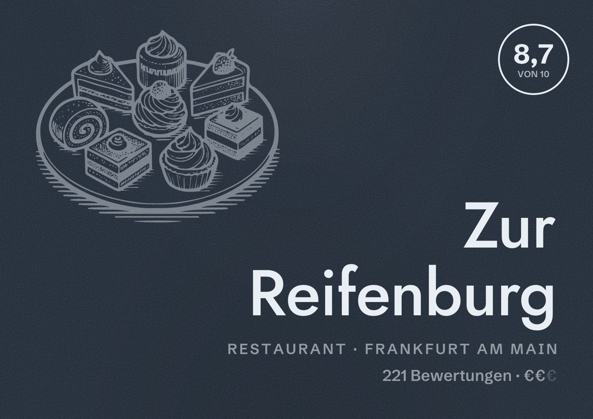 Illustriertes Poster von Zur Reifenburg, Restaurant in Frankfurt am Main: Bewertung 8,7 von 10 aus 221 Bewertungen, Preisniveau €€
