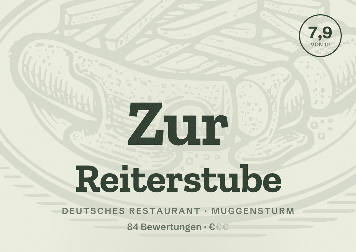 Illustriertes Poster von Zur Reiterstube, Deutsches Restaurant in Muggensturm: Bewertung 7,9 von 10 aus 84 Bewertungen, Preisniveau €