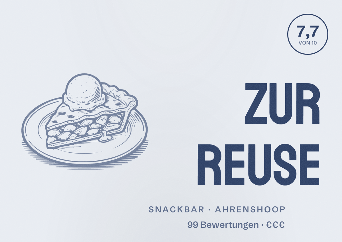 Illustriertes Poster von Zur Reuse, Snackbar in Ahrenshoop: Bewertung 7,7 von 10 aus 99 Bewertungen, Preisniveau €€€