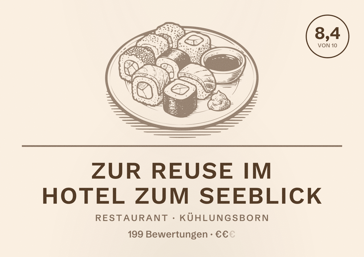Illustriertes Poster von Zur Reuse im Hotel zum Seeblick, Restaurant in Kühlungsborn: Bewertung 8,4 von 10 aus 199 Bewertungen, Preisniveau €€