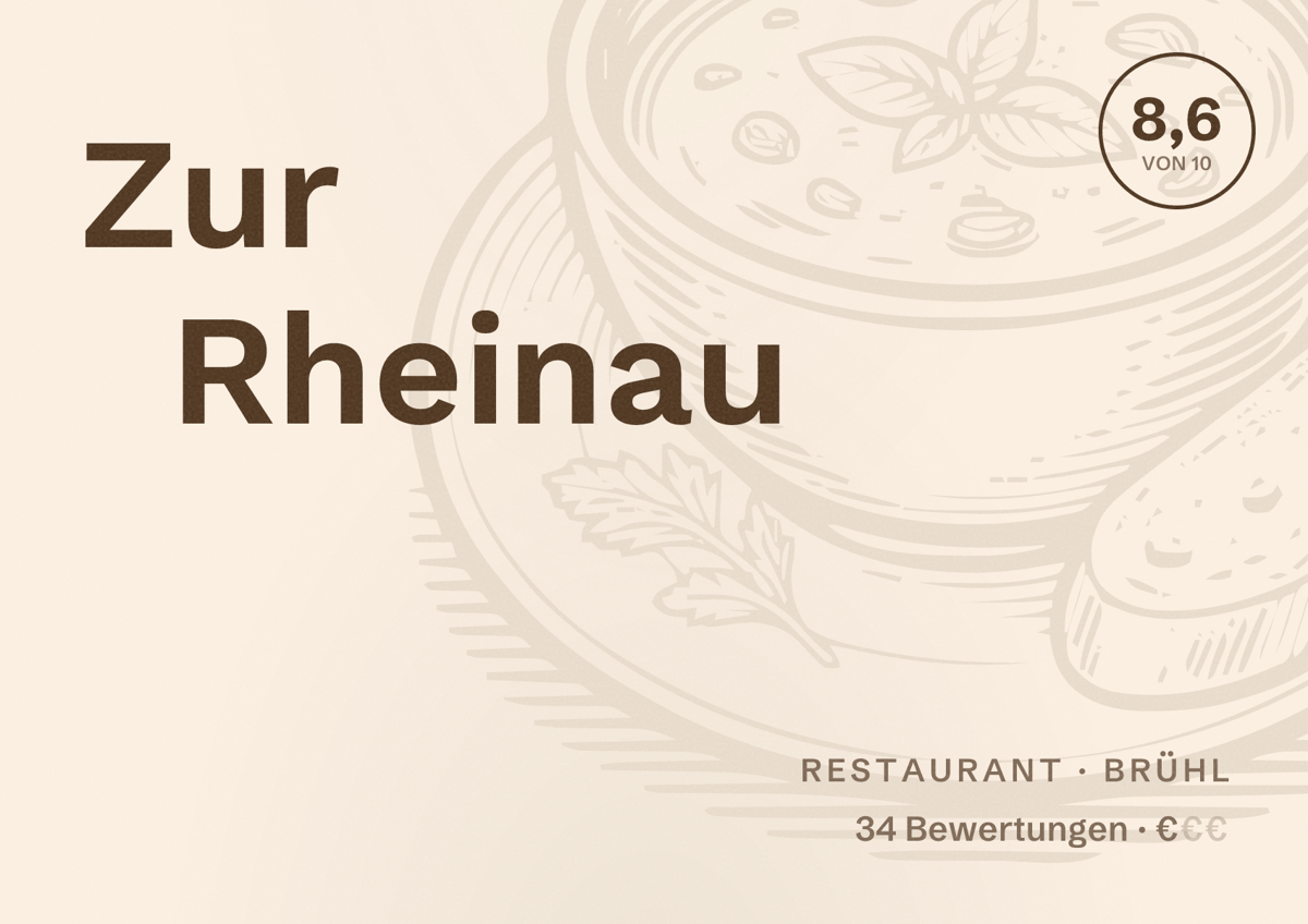 Illustriertes Poster von Zur Rheinau, Restaurant in Brühl: Bewertung 8,6 von 10 aus 34 Bewertungen, Preisniveau €