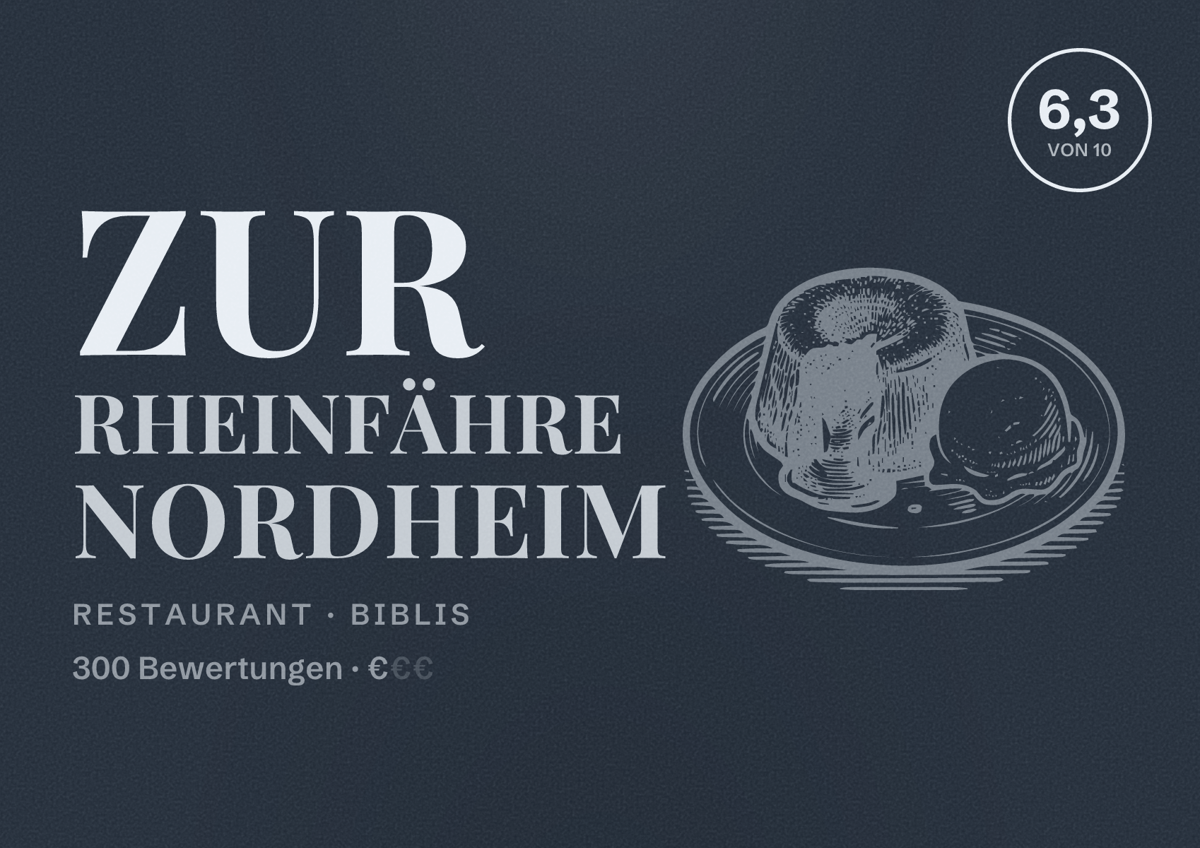 Illustriertes Poster von Zur Rheinfähre Nordheim, Restaurant in Biblis: Bewertung 6,3 von 10 aus 300 Bewertungen, Preisniveau €