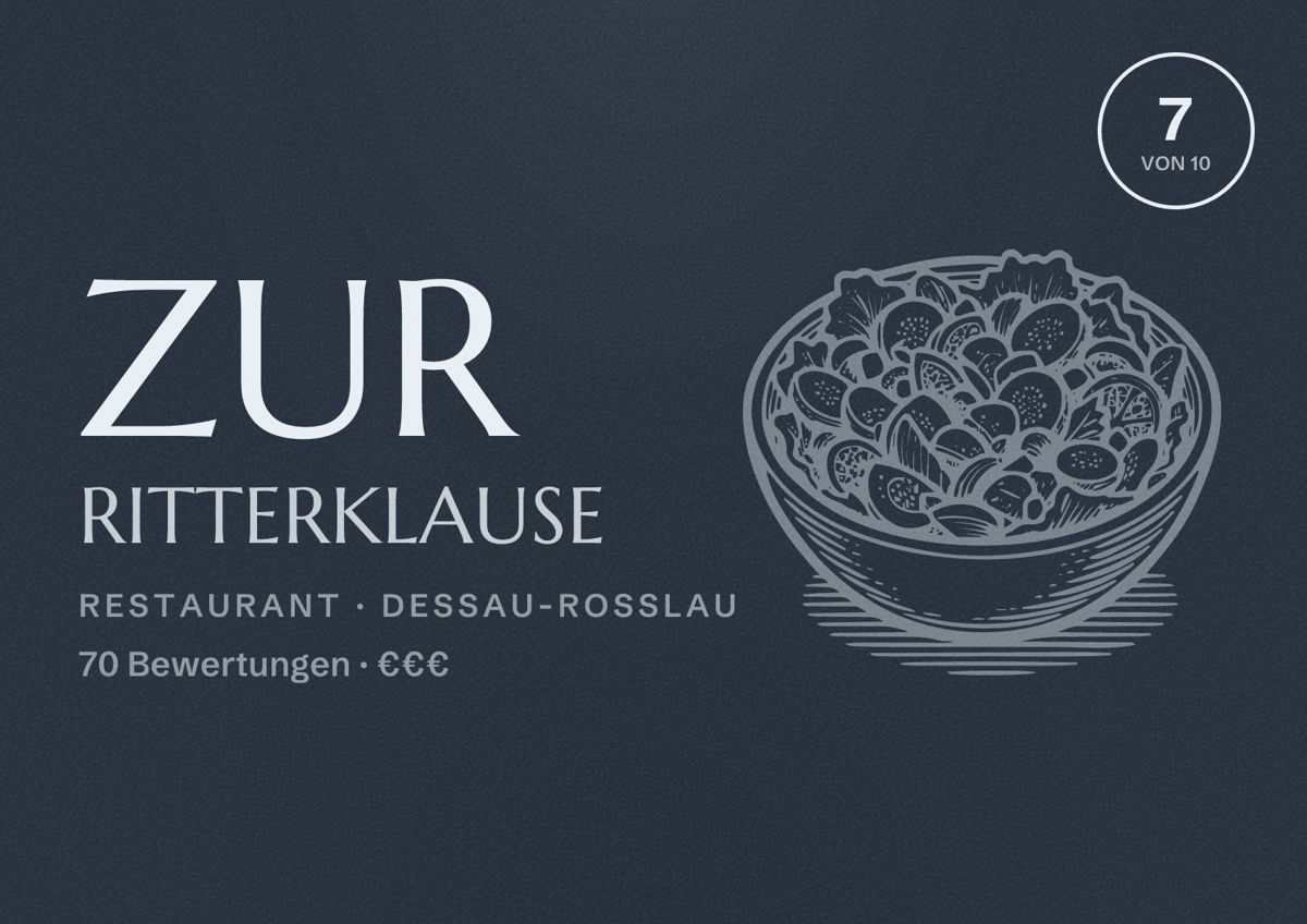 Illustriertes Poster von Zur Ritterklause, Restaurant in Dessau-Roßlau: Bewertung 7 von 10 aus 70 Bewertungen, Preisniveau €€€