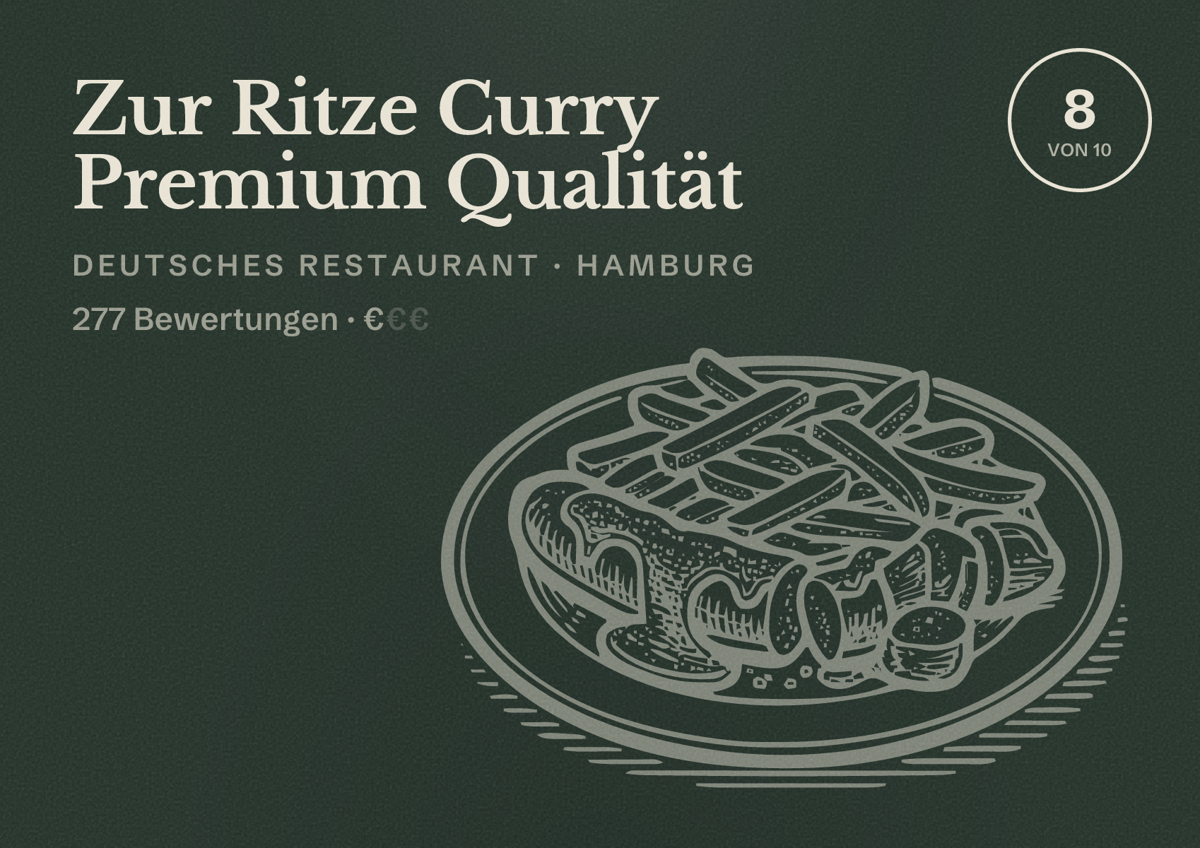 Illustriertes Poster von Zur Ritze Curry Premium Qualität, Deutsches Restaurant in Hamburg: Bewertung 8,0 von 10 aus 277 Bewertungen, Preisniveau €