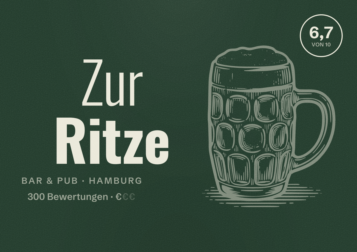 Illustriertes Poster von Zur Ritze, Bar & Pub in Hamburg: Bewertung 6,7 von 10 aus 300 Bewertungen, Preisniveau €