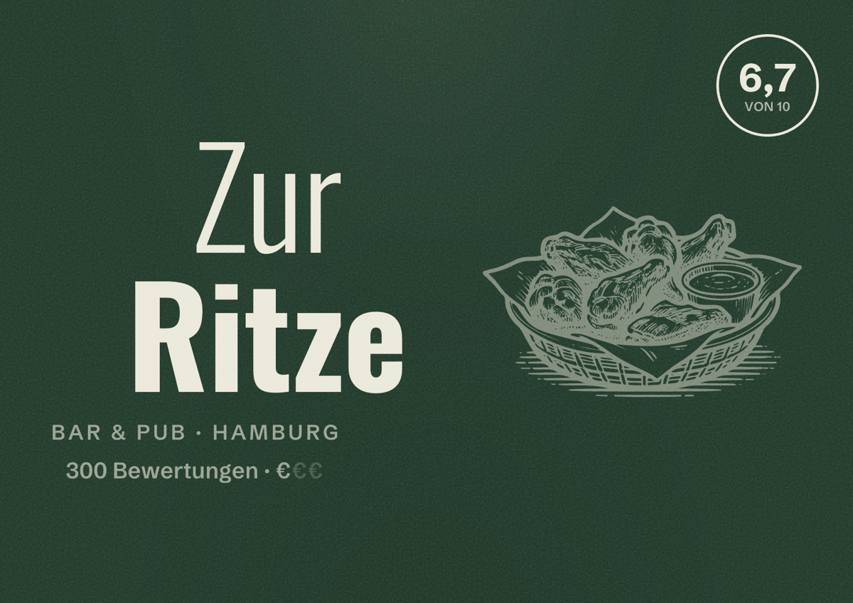 Illustriertes Poster von Zur Ritze, Bar & Pub in Hamburg: Bewertung 6,7 von 10 aus 300 Bewertungen, Preisniveau €