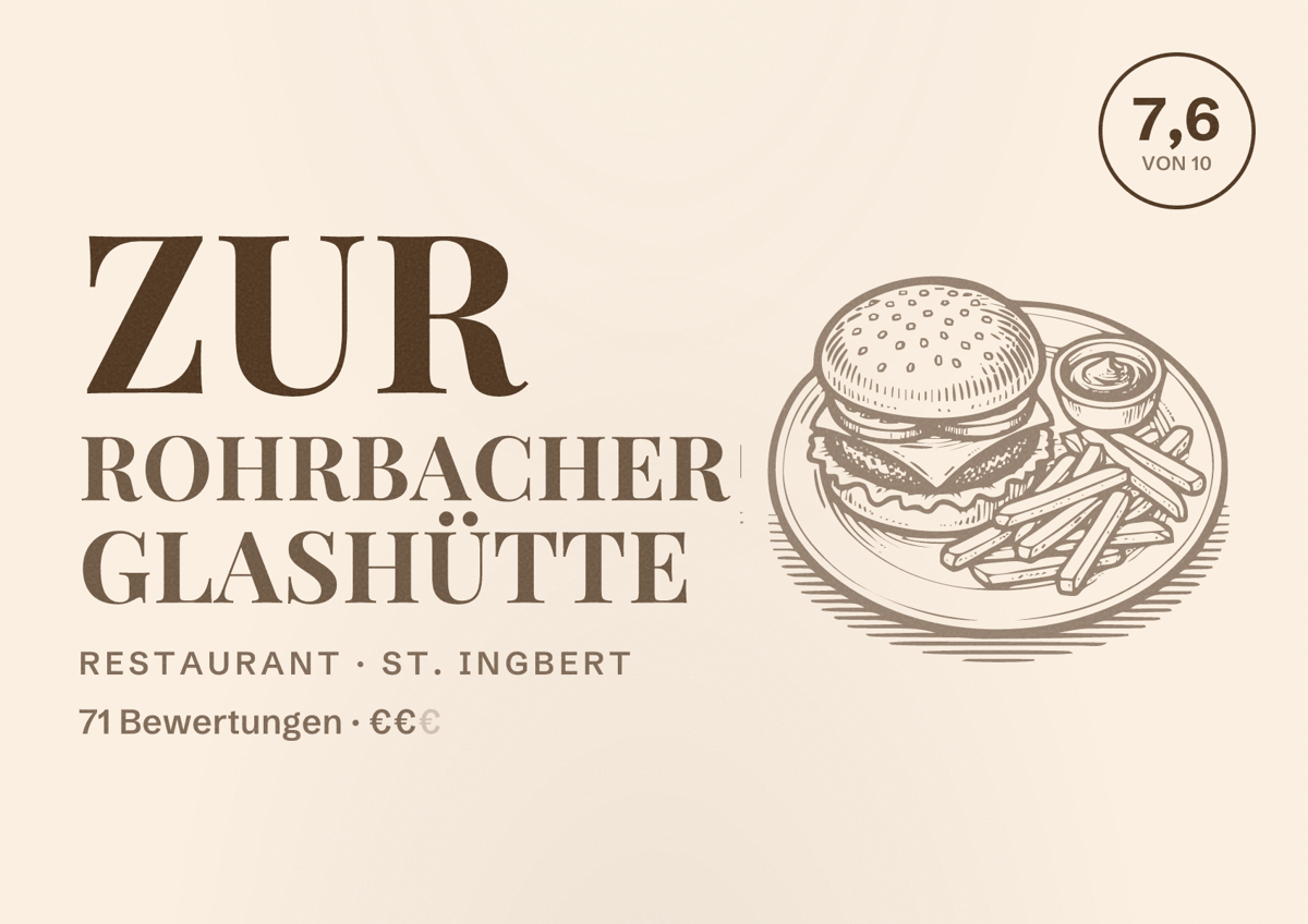 Illustriertes Poster von Zur Rohrbacher Glashütte, Restaurant in St. Ingbert: Bewertung 7,6 von 10 aus 71 Bewertungen, Preisniveau €€