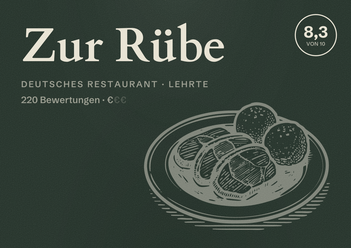 Illustriertes Poster von Zur Rübe, Deutsches Restaurant in Lehrte: Bewertung 8,3 von 10 aus 220 Bewertungen, Preisniveau €