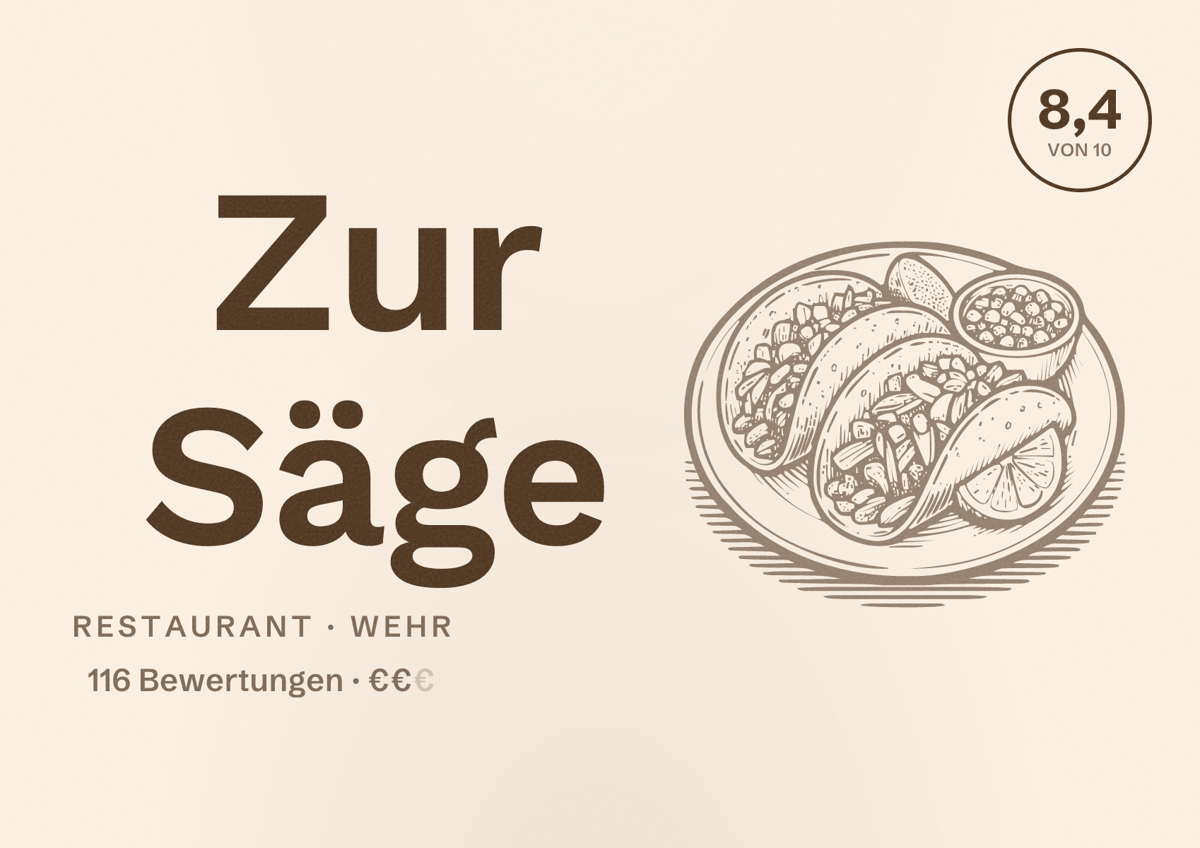 Illustriertes Poster von Zur Säge, Restaurant in Wehr: Bewertung 8,4 von 10 aus 116 Bewertungen, Preisniveau €€
