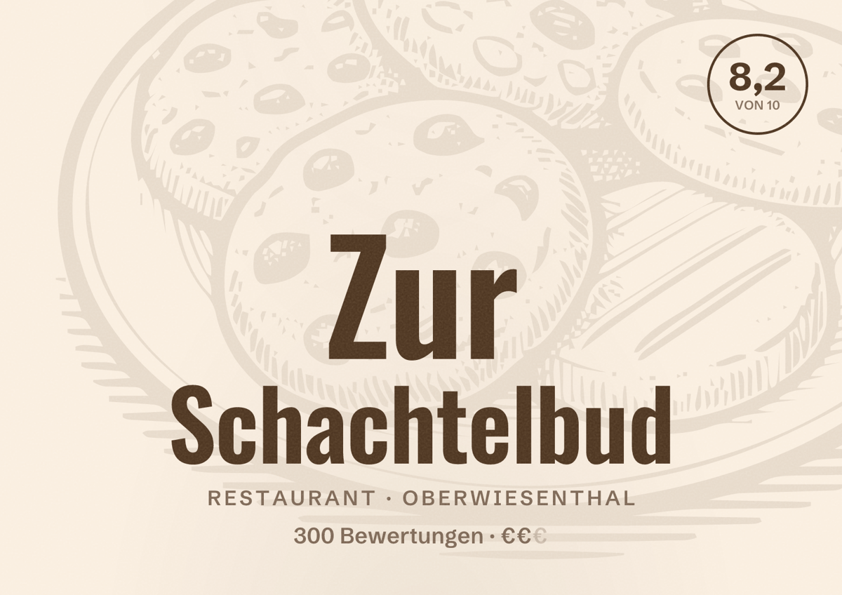 Illustriertes Poster von Zur Schachtelbud, Restaurant in Oberwiesenthal: Bewertung 8,2 von 10 aus 300 Bewertungen, Preisniveau €€