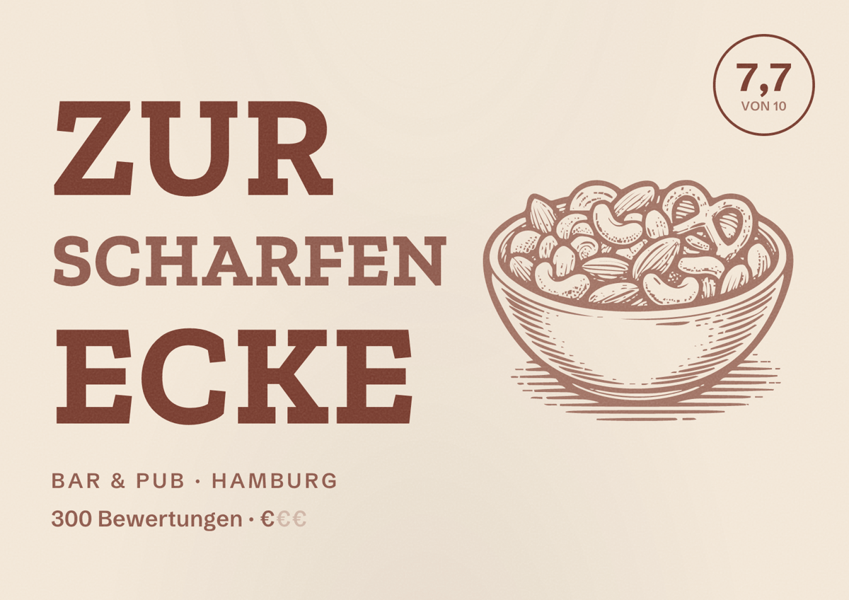 Illustriertes Poster von Zur Scharfen Ecke, Bar & Pub in Hamburg: Bewertung 7,7 von 10 aus 300 Bewertungen, Preisniveau €