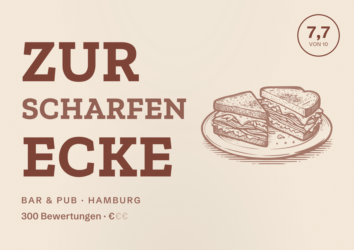 Illustriertes Poster von Zur Scharfen Ecke, Bar & Pub in Hamburg: Bewertung 7,7 von 10 aus 300 Bewertungen, Preisniveau €