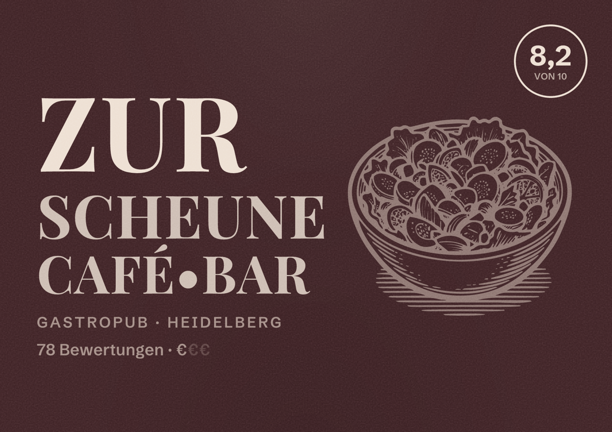 Illustriertes Poster von Zur Scheune Café•Bar, Gastropub in Heidelberg: Bewertung 8,2 von 10 aus 78 Bewertungen, Preisniveau €