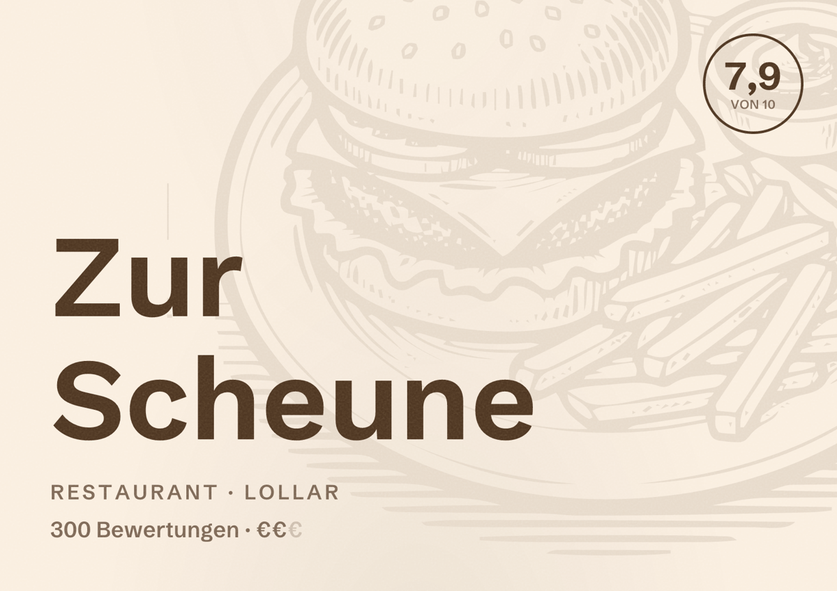 Illustriertes Poster von Zur Scheune, Restaurant in Lollar: Bewertung 7,9 von 10 aus 300 Bewertungen, Preisniveau €€