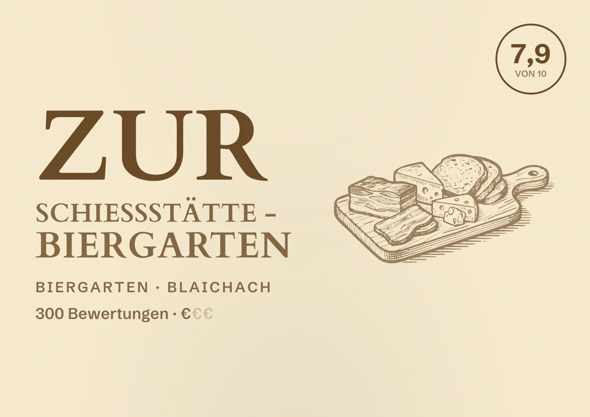 Illustriertes Poster von Zur Schießstätte - Biergarten, Biergarten in Blaichach: Bewertung 7,9 von 10 aus 300 Bewertungen, Preisniveau €