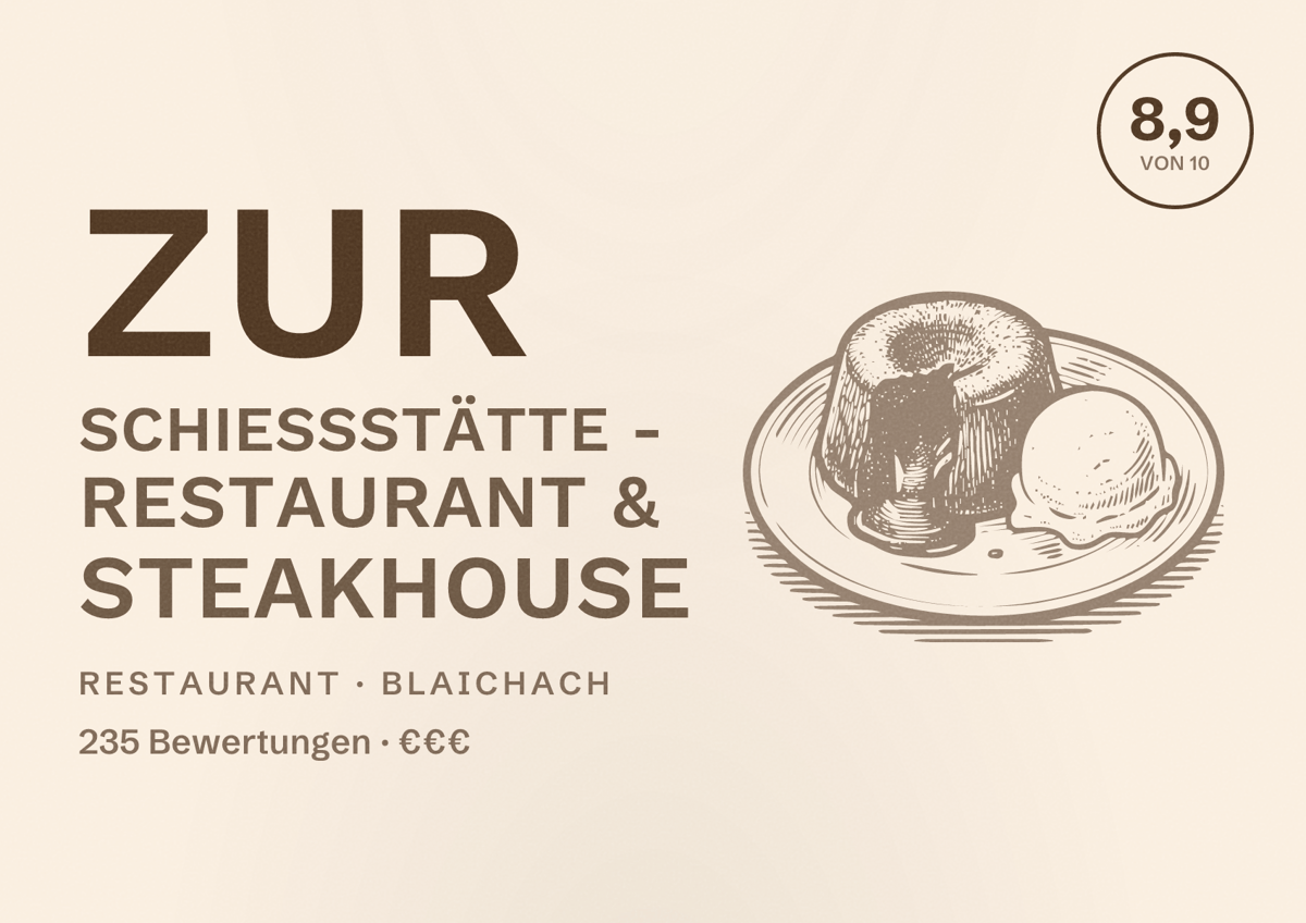 Illustriertes Poster von Zur Schießstätte - Restaurant & Steakhouse, Restaurant in Blaichach: Bewertung 8,9 von 10 aus 235 Bewertungen, Preisniveau €€€