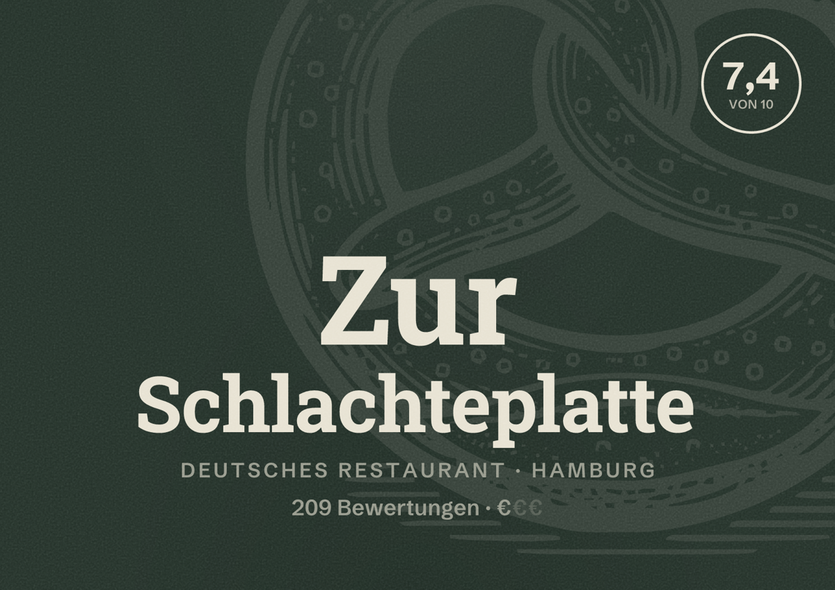 Illustriertes Poster von Zur Schlachteplatte, Deutsches Restaurant in Hamburg: Bewertung 7,4 von 10 aus 209 Bewertungen, Preisniveau €